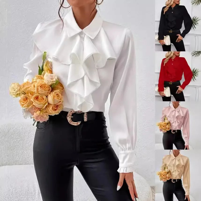 2025 New Women's White Shirt Lapel Button Cardigan Office Ruffled Black Top Elegant Simple Versatile Apricot Shirt