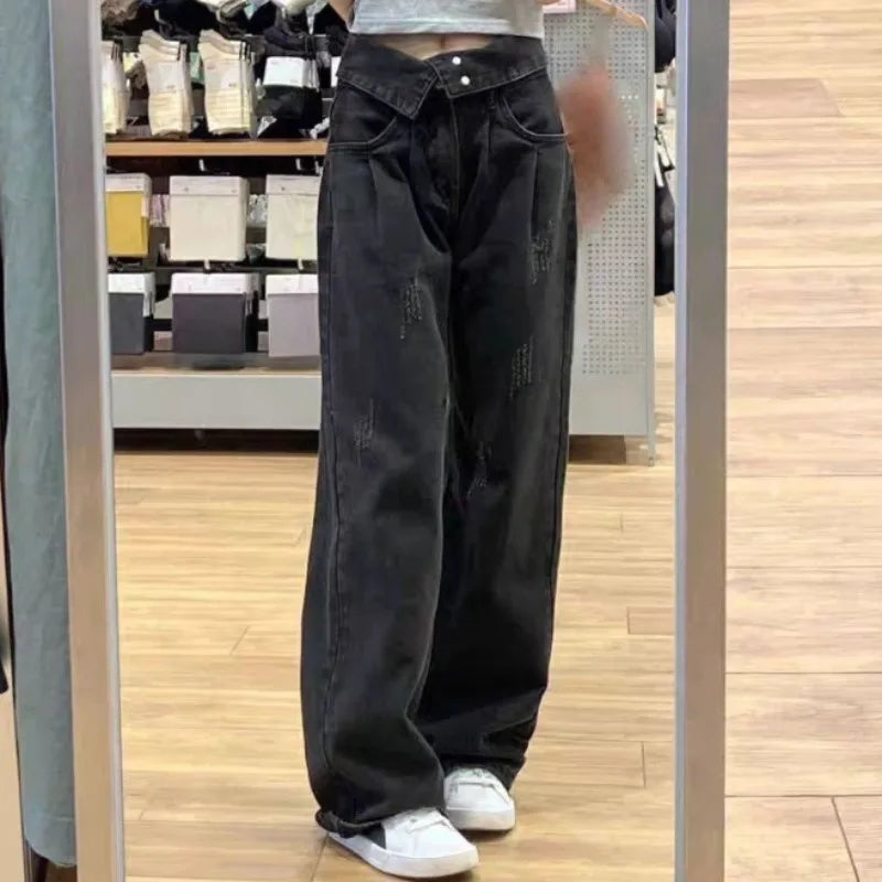 Autumn Spring Hight Waist Denim Pant Women Jeans Vintage Straight Trousers Jeans Fashion Female Black Casual Wide Leg Pants
