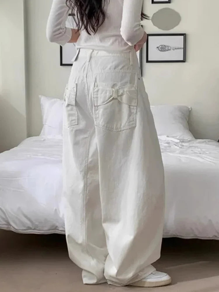 Loose Women's Denim Jeans Back Pocket  Knot Balloon Long Pants Spring New Design Casual High Waist Wide Leg Jeans