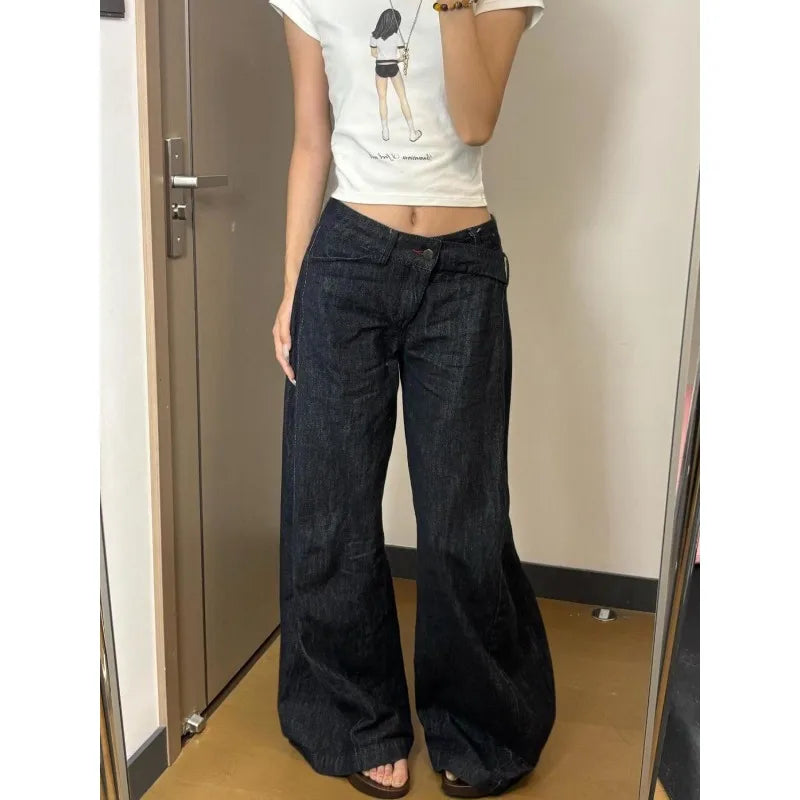 American Women Black High Street Vibe Wide-leg Jeans for Autumn and Winter for Men and Women Washed Loose Straight Pants New