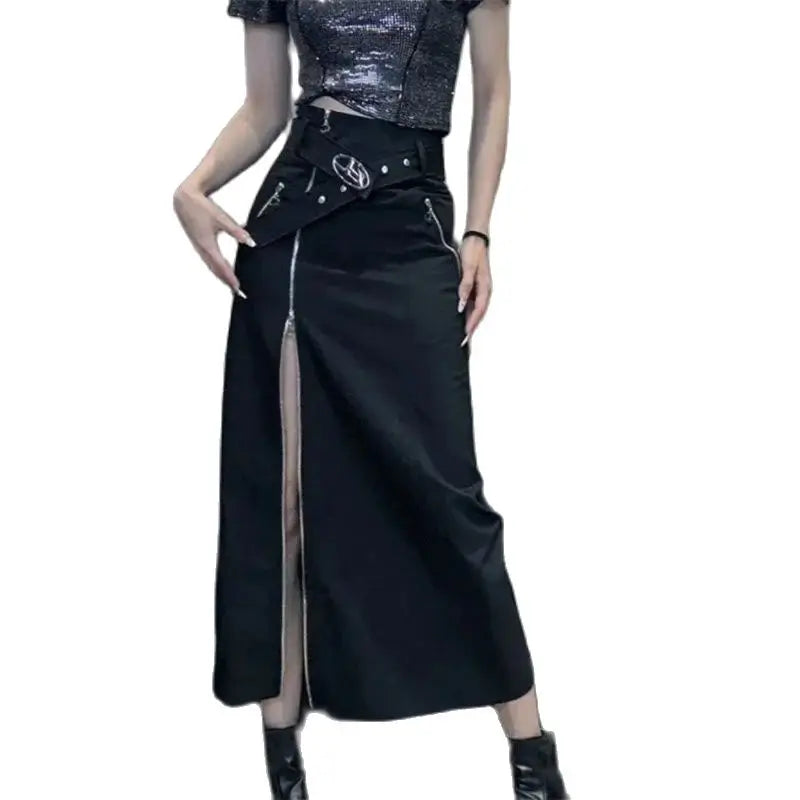 Spring Autumn Long Skirt Female 2025 New Fashion Zipper Split High Waist Skirts Gift A belt Black Skirt Women