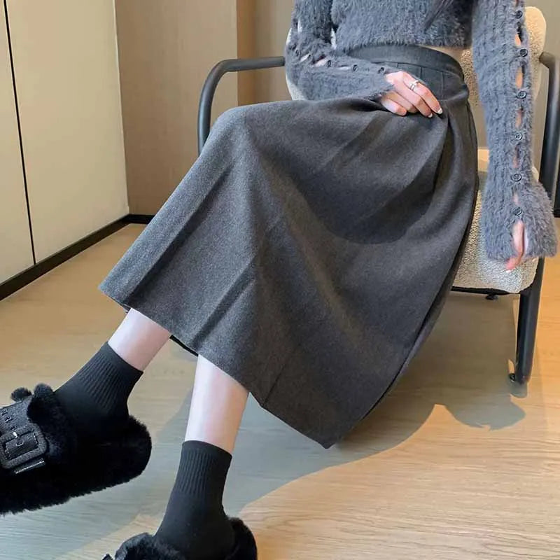 2025 New High Waist Pleated Skirts for Women Autumn Winter Thicken Woolen Skirts Female College Style Folds A-Line Long Skirt