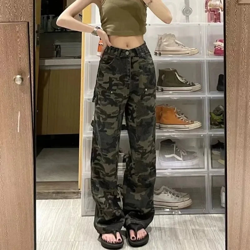 2026 Spring and Autumn New Style Workwear Camouflage Jeans for Women, Hot Girl High-Waist Straight-Leg Loose Casual Pants