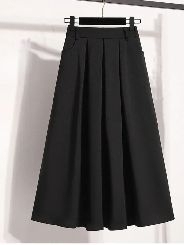 New Solid Color Versatile Medium Length Skirt Pleated  A-Line Maxi Gown Cover Hip Spring Summer 2025 Style Half-length Skirt