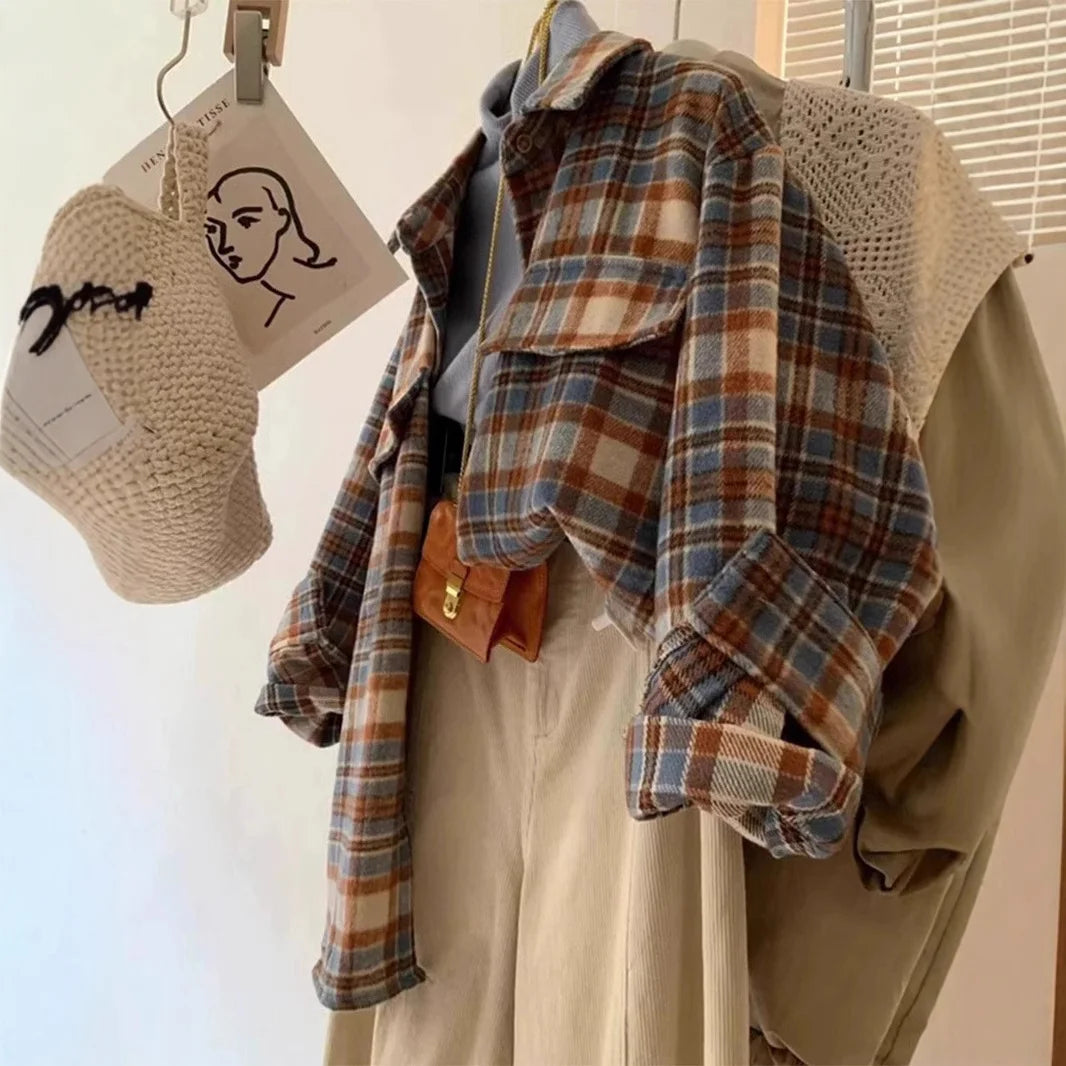 American Retro Contrasting Color Plaid Shirt Women's Turndown Collar Long Sleeved Cardigan Spring Autumn Loose Brushed Top