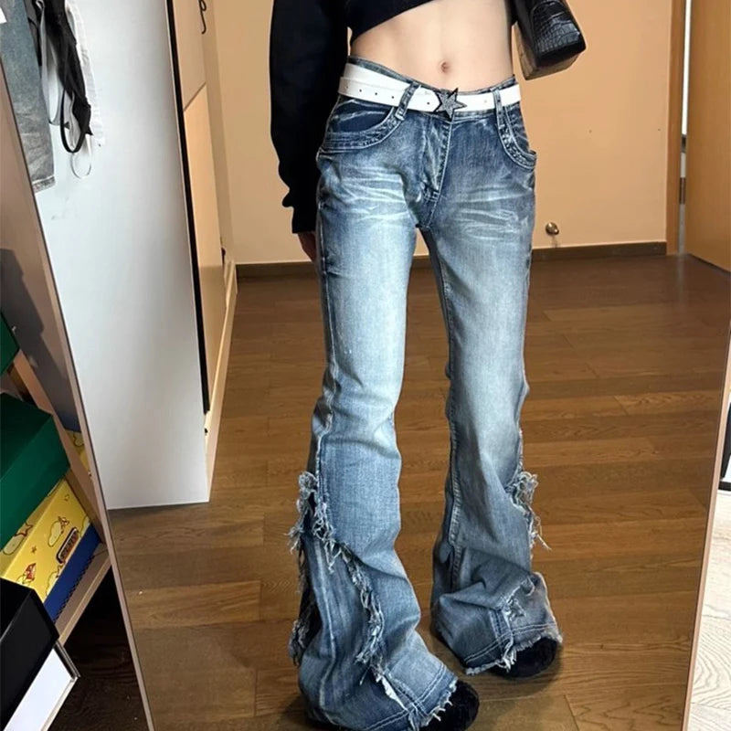 Y2K Slimming Flare Jeans for Women American Vintage Low Waist Denim Jeans Woman Spring Autumn Button Up Straight Pants Mujer