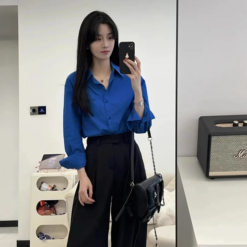 Blue Slimming Long Sleeve Shirt Women Spring Autumn Casual Street Style Blouse Solid Color Versatile Basic Turn-Down Collar Tops