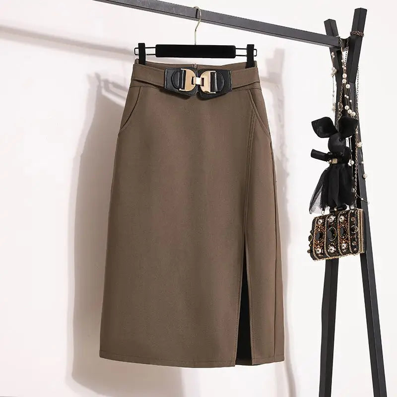 New Spring and Autumn Women's Solid Colors High Waist Loose Zipper Bag Hip A-Line Sashes Split Fashion Casual Commuter Skirt