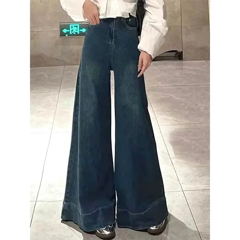 American Style Retro High Waist Wide Leg Jeans Women's Autumn Stretch Elephant Leg Pants Skirt Big Trousers Without Legs