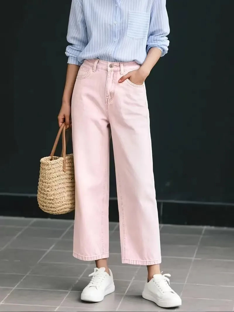 Women's Pink Nine-Part Jeans, Straight Leg, Casual, Versatile, Slimming, Non-Stretch, Mid-Rise, Wide-Leg Denim Pants