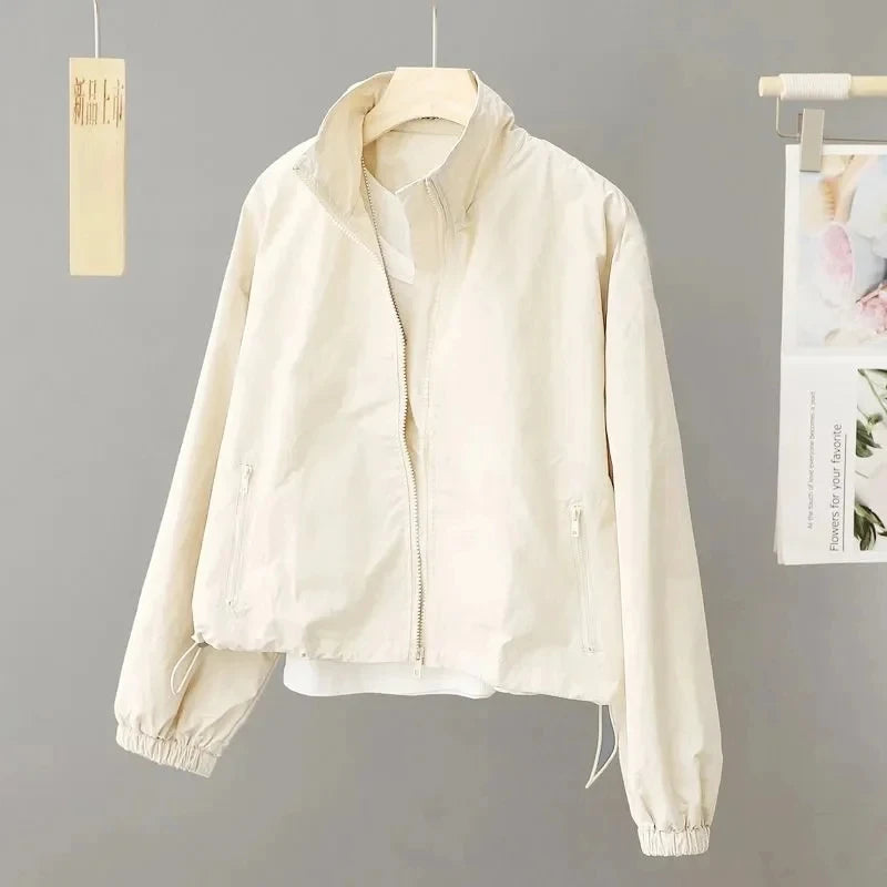 2025 Women's Short Jacket Spring Autumn New Casual Femme Windbreaker Stand Collar Tooling Jacket Basic Zipper Coat Tops
