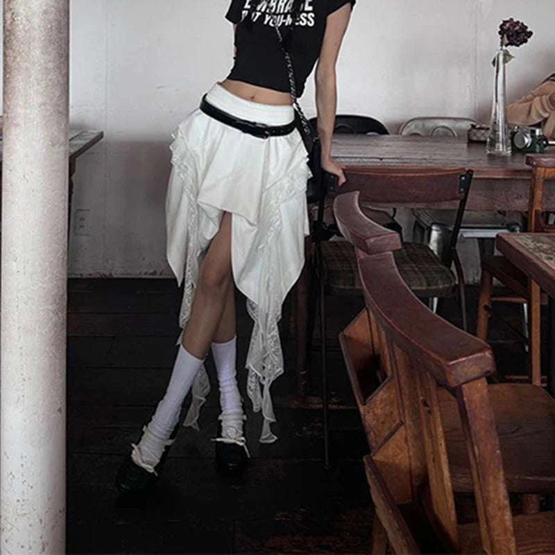Y2K Asymmetrical Mini Skirt Women Harajuku Lace Patchwork White Skirts Summer Gothic Aesthetic Ruffles Design A Line Skirt New