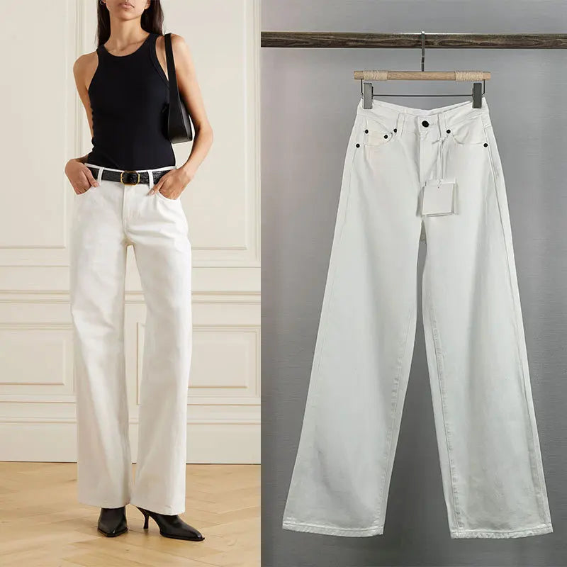 New minimalist style wide leg denim floor mop pants for spring/summer 24, women with high waist, loose fit, slimming and versati