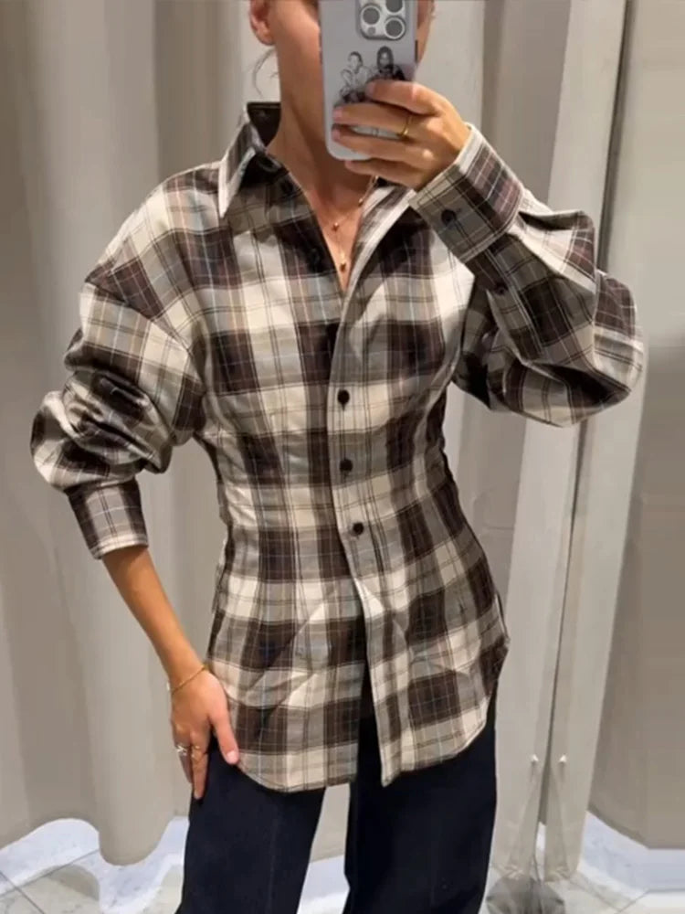 Fashion Long Sleeve Plaid Shirt for Women Causal Single Breasted Female Lapel Shirts 2025 Autumn New Office Lady Blouses Street