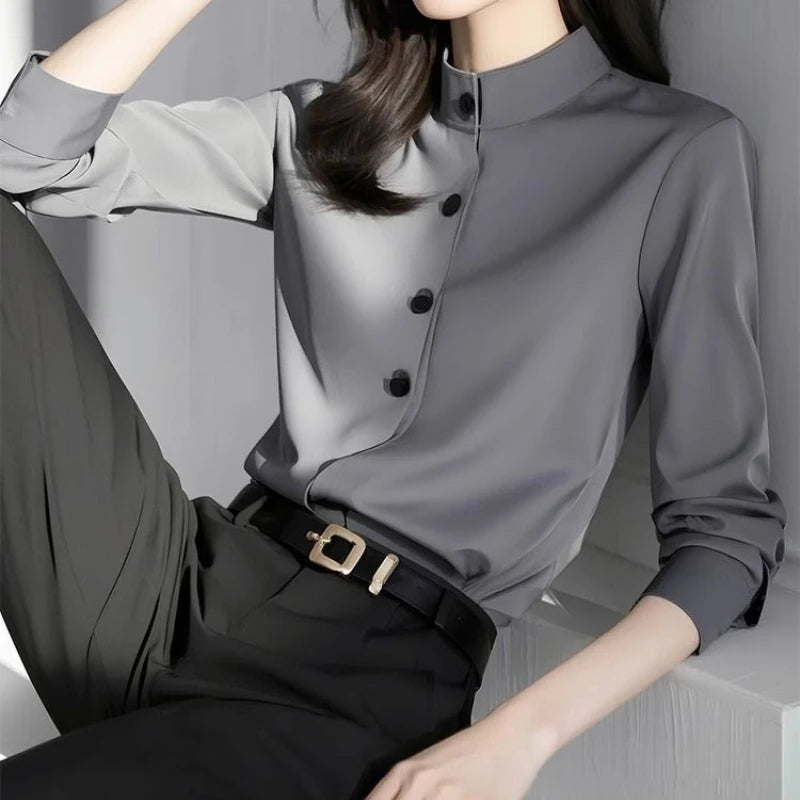 Office Lady Button Simplicity Shirt Tops Long Sleeve All-match Solid Vintage Blouse Spring New Fashion Elegant Women Clothing