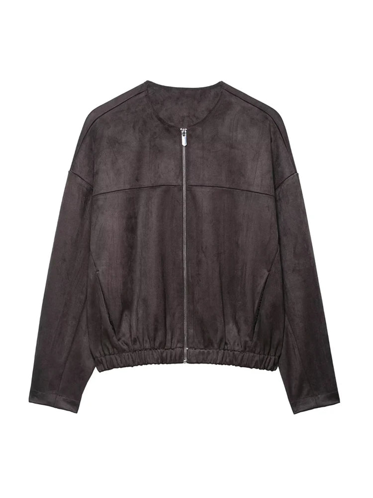 Women's Faux Suede Bomber Jacket Long Sleeve Front Zipper Chic Outerwear Fashion Top for Ladies