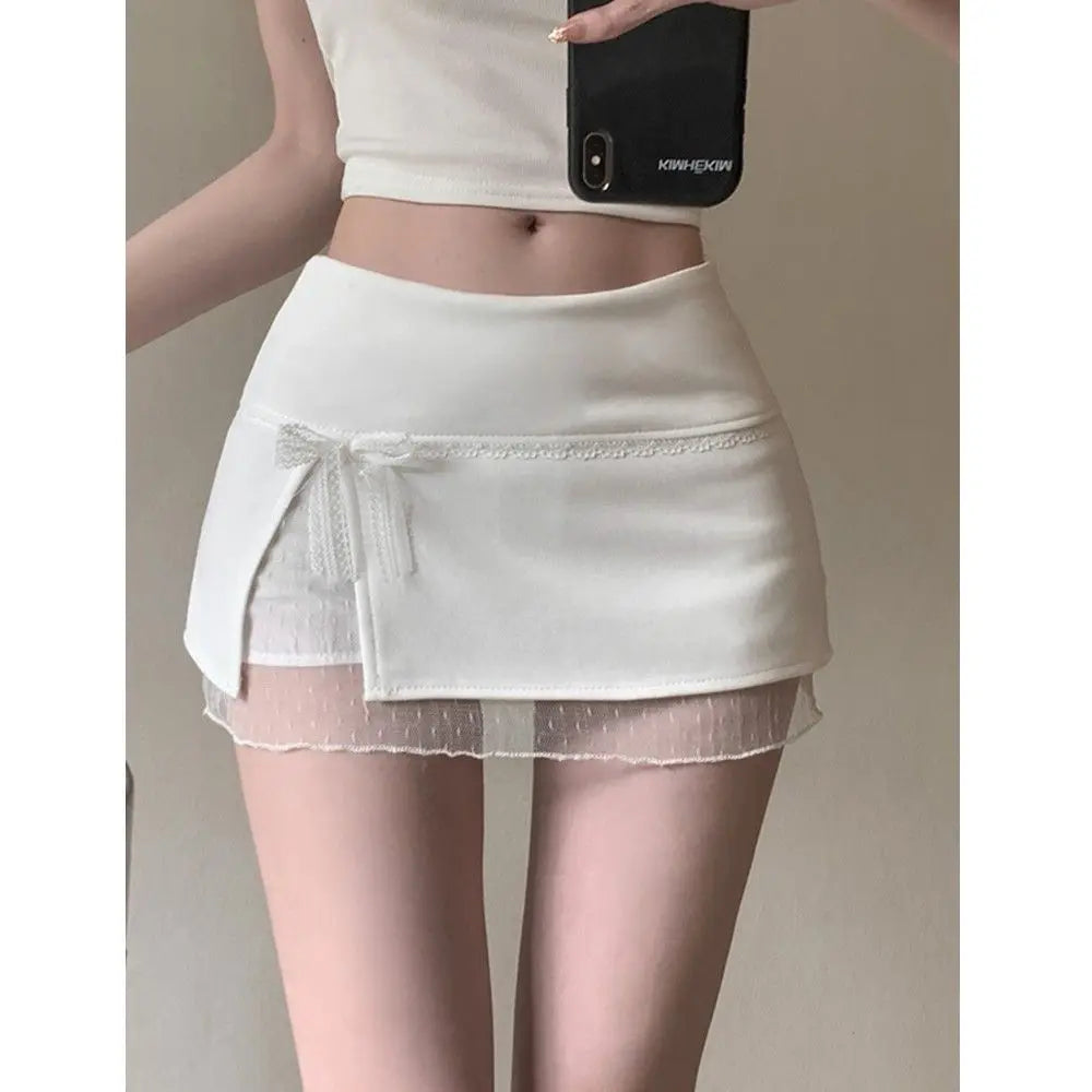 White Bow Lace Splicing Skirt Women Summer Anti-ligh Hip-wrapped High-waisted A-word Mini Skirt