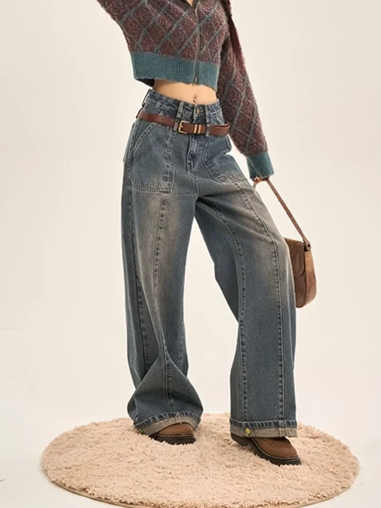 Y2K High Waist Jeans Women Wide Leg Denim American Retro Loose Fit Slim Design Straight Floor Length Trousers
