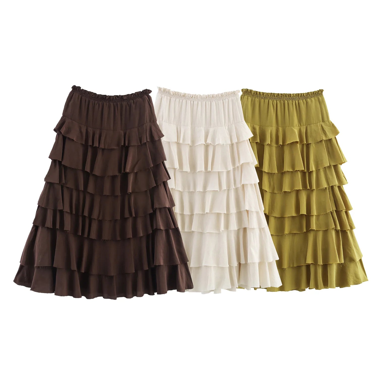 New Fashion Casual High Waist Tierred Solid Color Loose Fit Eastic Waist Mid-Calf Skirt For Women