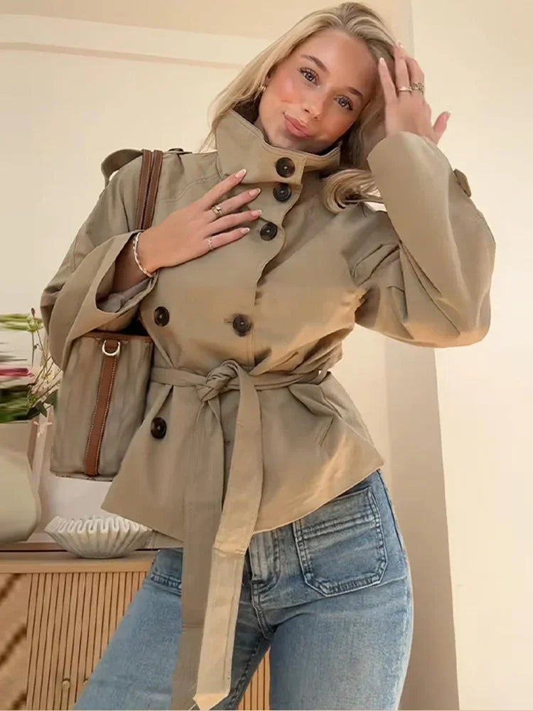 Windbreaker jacket 2025 new retro lapel design with double breasted straps versatile long sleeved short style