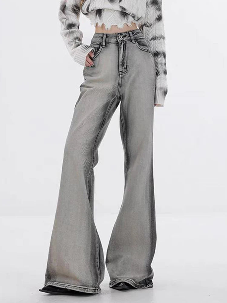Y2K Vintage Washed White Flared Jeans Women Slim Fit High Waist Micro Flare Pants Gradient Polished Denim Trousers