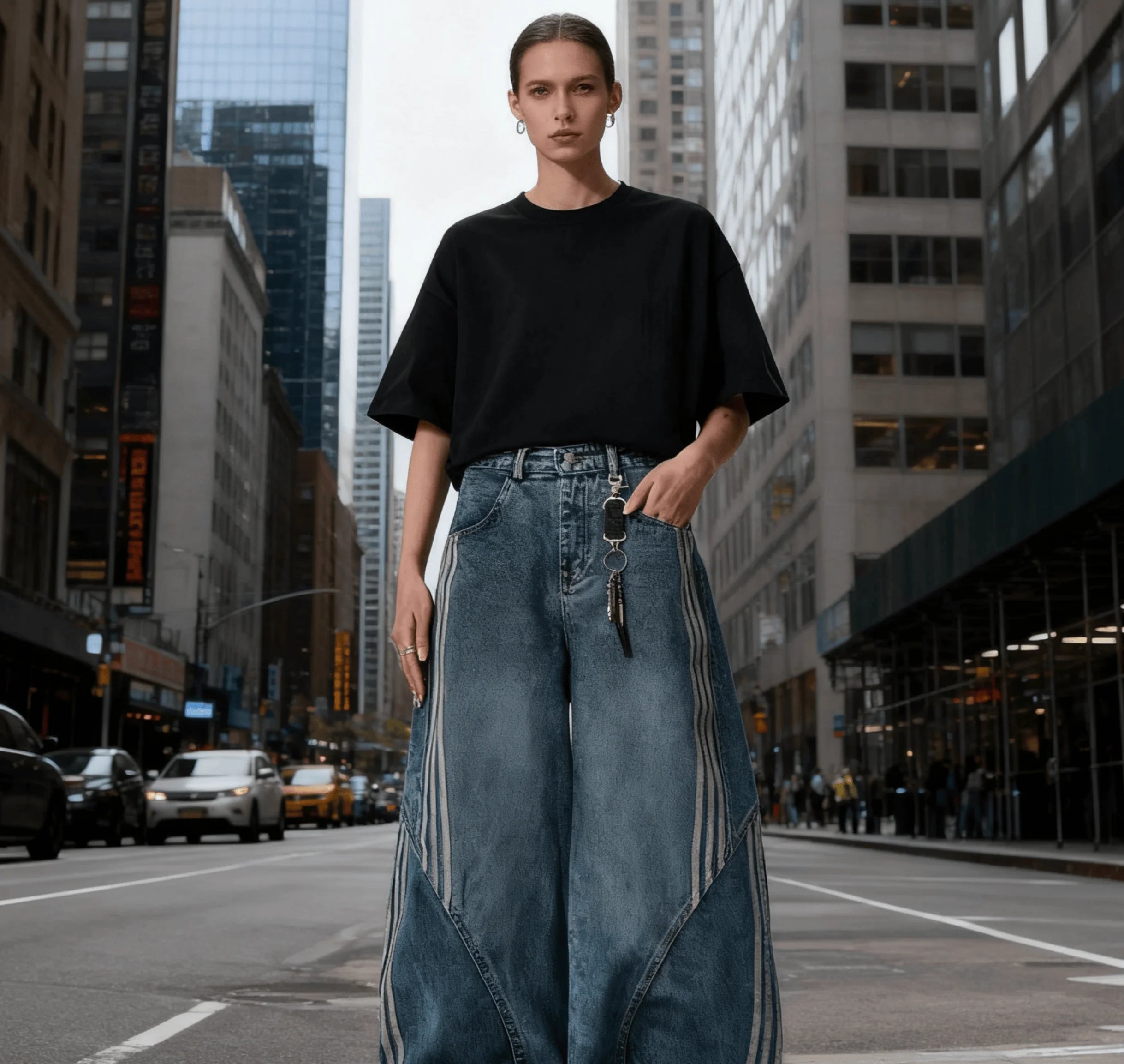 Women Wide Leg Jeans Vintage Y2K Reconstruction Custom Distressed Wash Stripe Denim Pants Trendy Comfort Fit