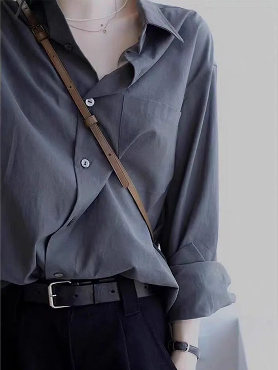 Shirts Women Long-sleeve Solid Casual Loose Office Ladies All-match Autumn Temperament Korean Style Basics Mature Fashion Trend