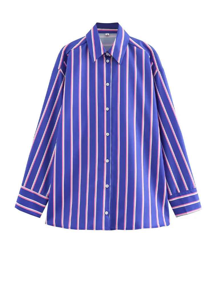 2025 Spring and Autumn New Blue Long Sleeve Stripes Loose Lapel Casual Fashion Lazy Style Shirt Versatile