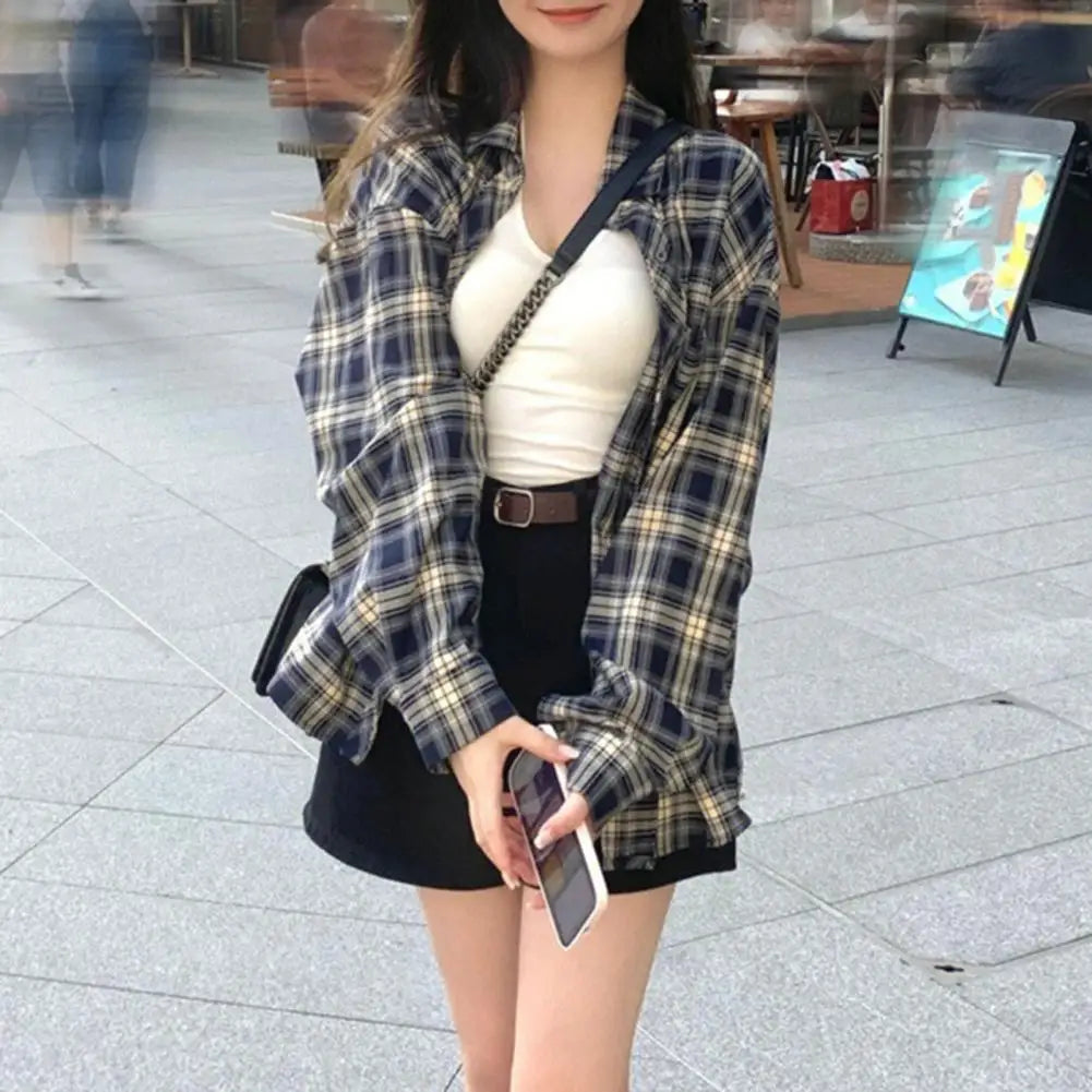 Women Shirt Lapel Long Sleeve Plaid Print Shirt Tops Retro Plaid Loose Fit Women Shirt Versatile Casual Sun Protection Jacket