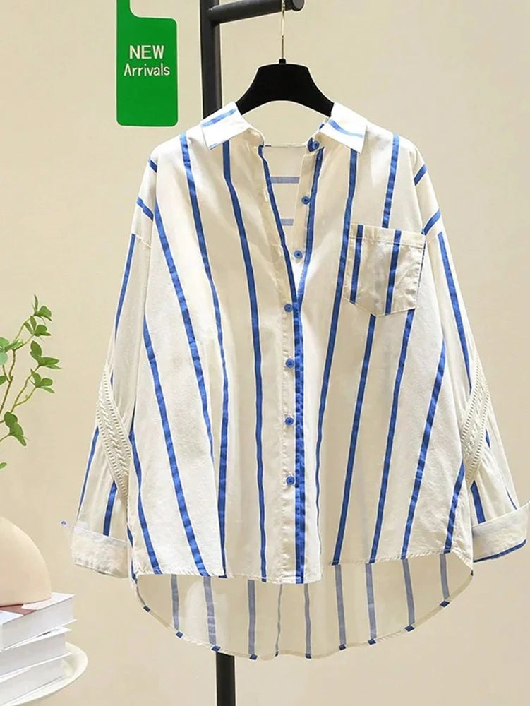 2025 Early Autumn New Arrival Women's Oversized Youthful Design Patchwork Blue Striped Shirt Fashion