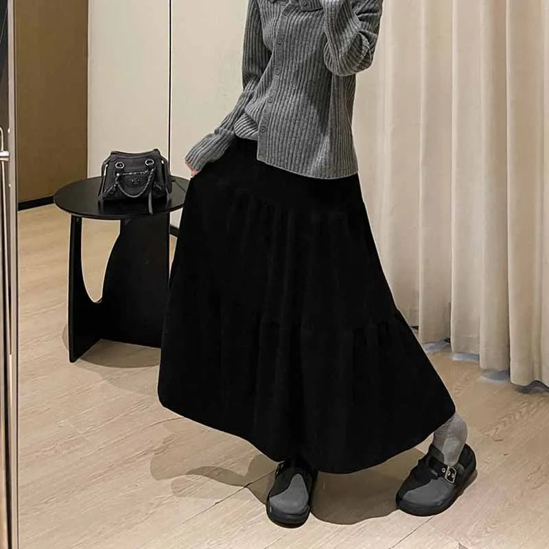 High Waisted Spliced Knitted Skirts for Women Autumn Winter Thicken Drooping Long Skirt Female Elegant Solid A-Line Midi Skirts