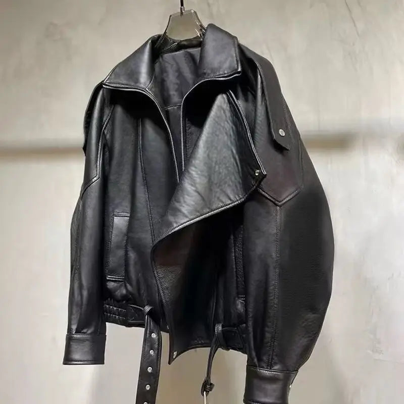 Autumn Winter Fashion Niche High-end Black PU Leather Jacket Women Retro Street Loose Versatile Harajuku Casual Leather Jacket