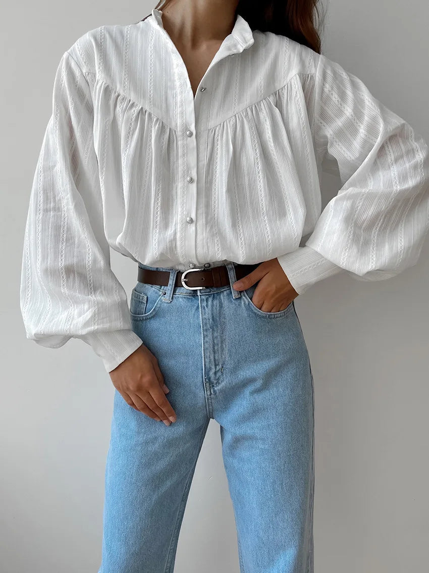 Spring Autumn New 100% Cotton White Shirts Women Long Lantern Sleeve Stand Collar Loose Blusas Tops Female Casual Blouses Shirts