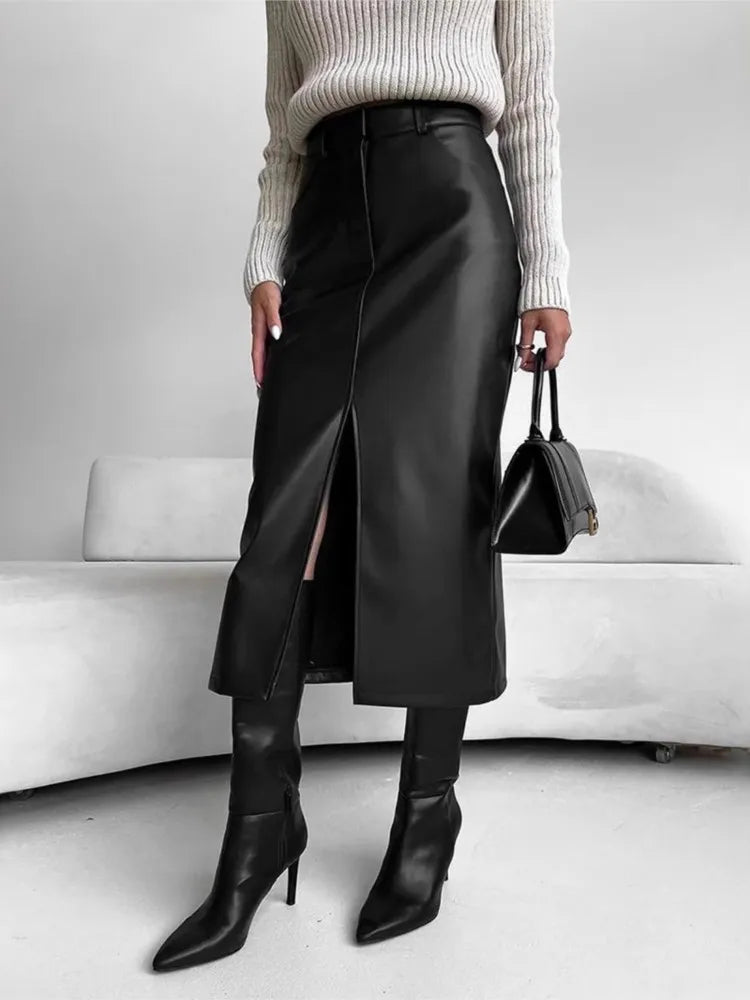 Leather Skirt High Waist Women Front Slit Spring Autumn Long Skirt High Waisted Office Lady Slim Skirts Elegant Ropa De Mujer