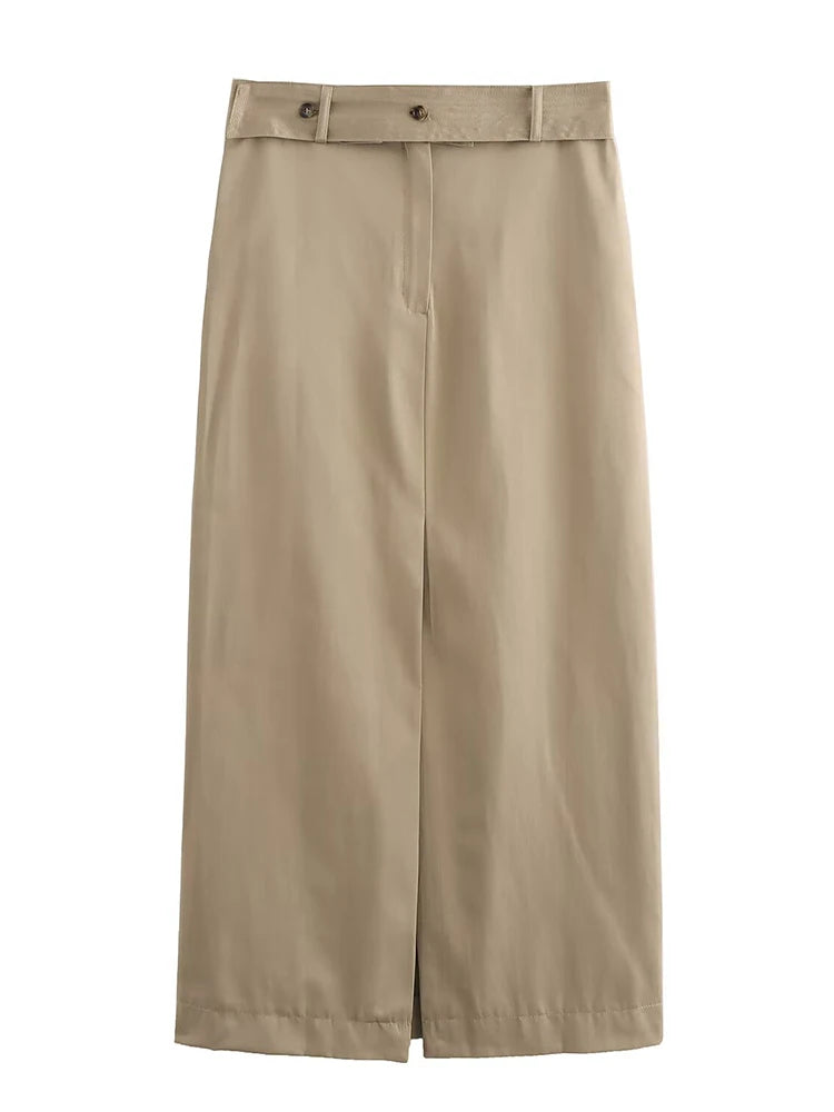 2025 Spring New Women's Clothing European and American Style Fashion Solid Color High Waist Straight Slit Skirt
