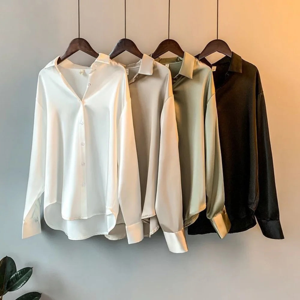 Satin Finish Long Sleeve Shirts Tops Fashion Women Single Breasted Lapel New Blouses Casual Office Lady Commute French Outwear