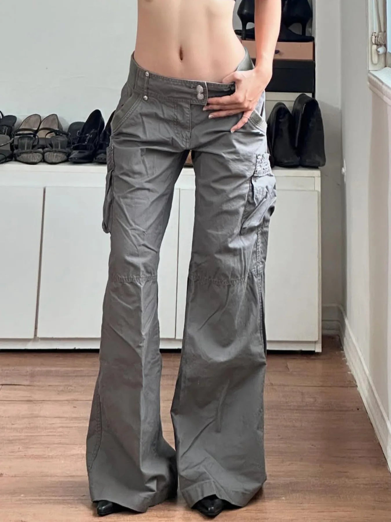 Street waist splicing double breasted jeans women's trendy large pocket loose casual pants