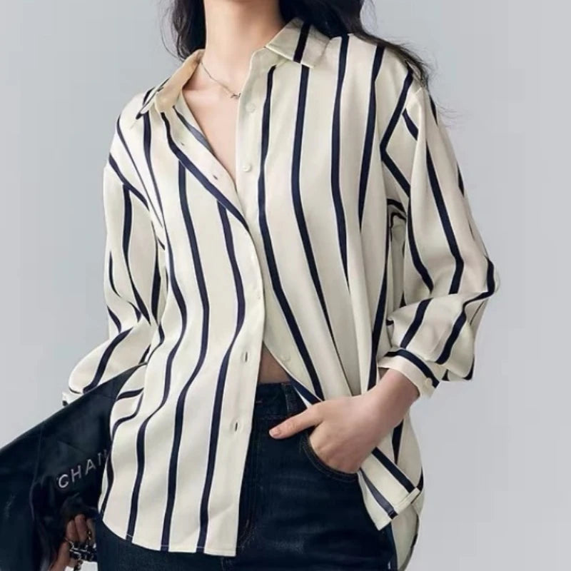 Spring Autumn Vintage Striped Satin Women's Blouse 2025 New Long Sleeve Turn-down Collar Korean Casual Loose Shirts Female
