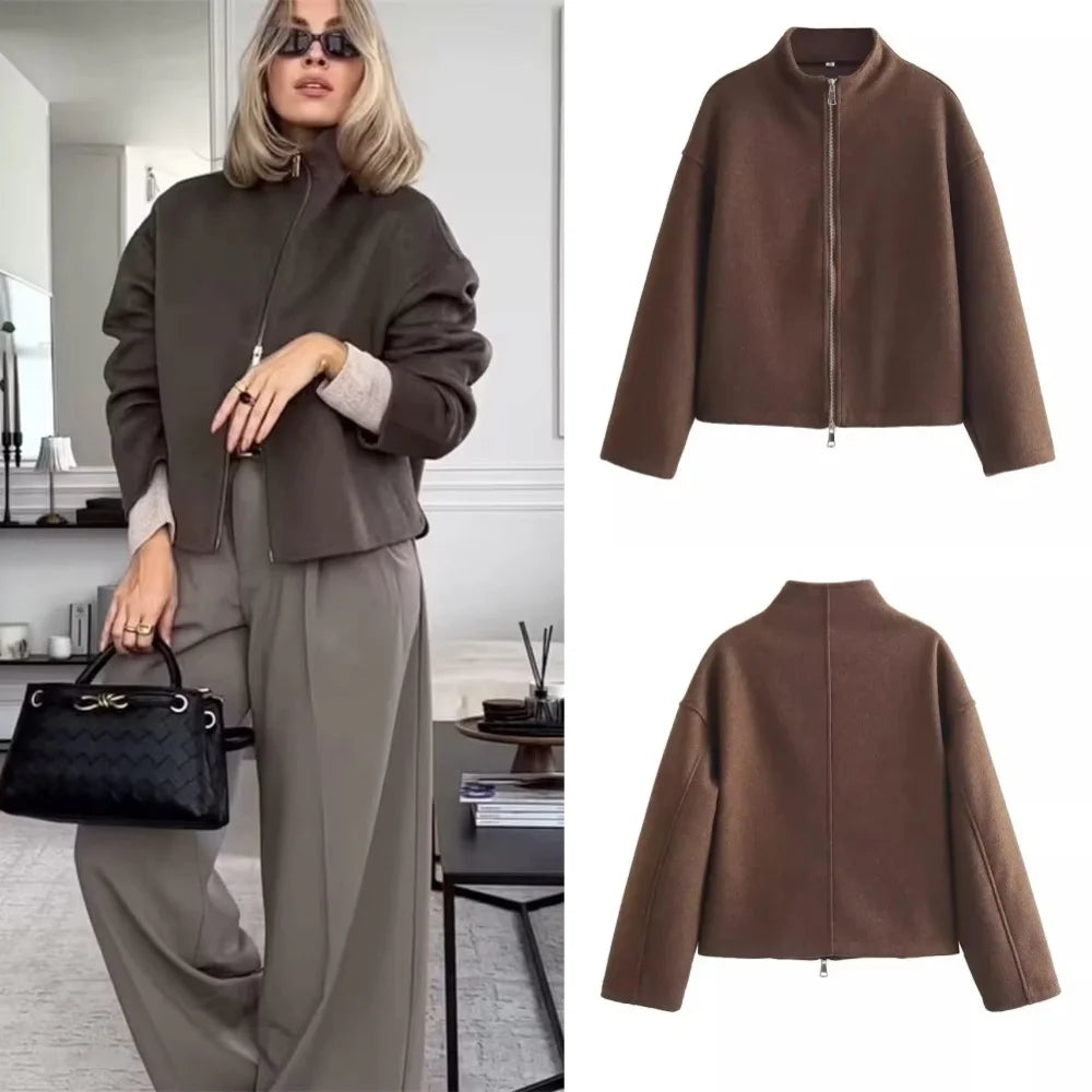 Spring Summer Women Casual Solid Jackets Fashion Vintage Zipper O Neck Brown Coats Elegant Chic Ladies Jackets