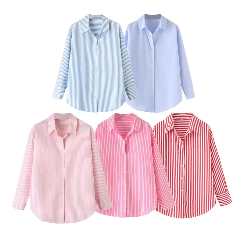 Autumn Shirts Women's 2025 New Blouses Chic Striped Elegant Loose V-neck Women's Shirts Street Casual Fashion Youth Office Tops
