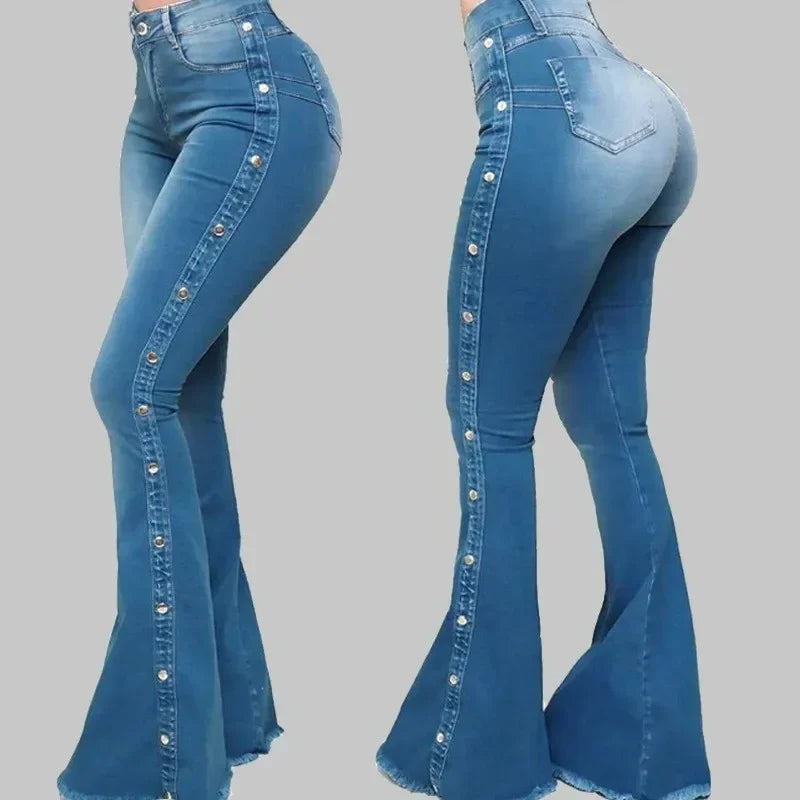 Women Denim Pant Jeans High Waist Strecth Denim Flare Pants Vintage Trousers Buttons Streetwear 2025 Autumn Female Floor Length