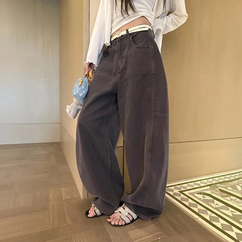 Womens Curved Knife Jeans American Style Gray Wide Leg High Waisted Loose Fit Slimming Banana Pants Stir Fried Craft Trousers