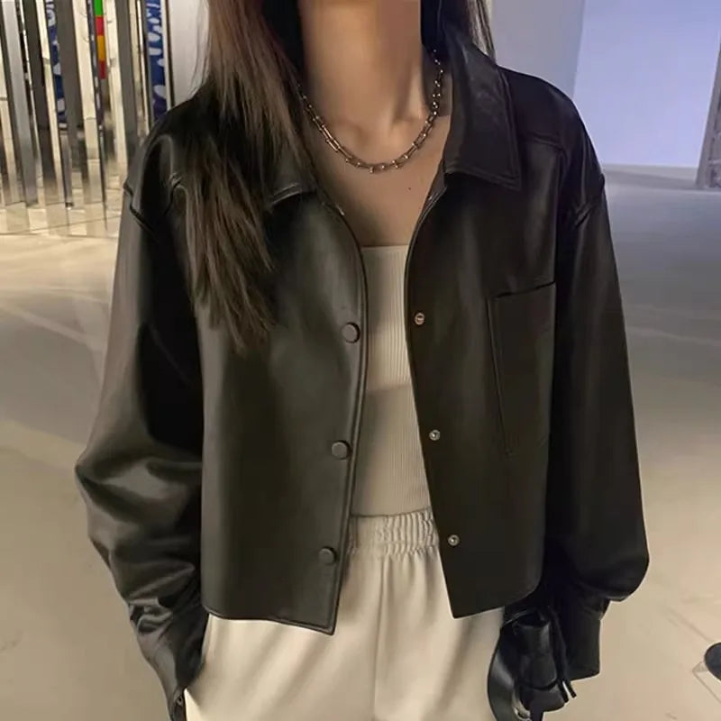 Fashion Biker Jackets New Women's Motorcycle Leather Solid Color PU Imitation Leather Loose Black Jacket Motorcycle Coat Autumn