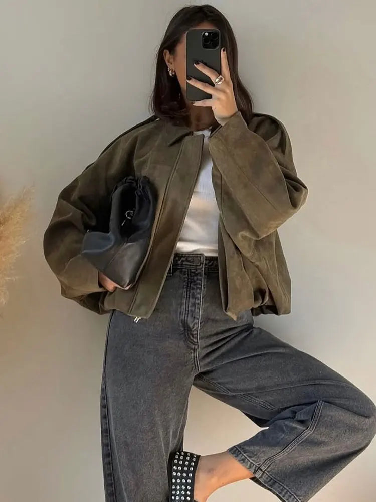 Women Brown Green Suede Jacket Loose Casual Bomber Coat Lapel Zipper Long Sleeve Jackets Vintage Lady Motorcycle Outwears