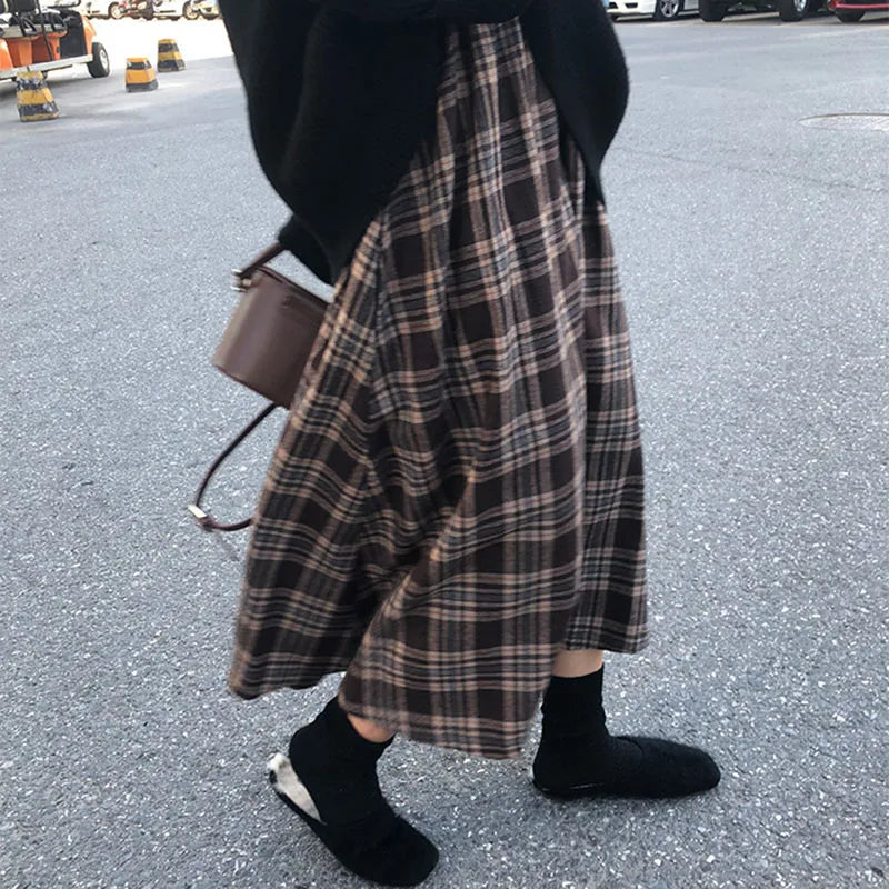Fashion Plaid Skirts for Women Autumn Winter High Waist Vintage Chic Clothing Women A line Midi Skirts Female Casual Outfits New