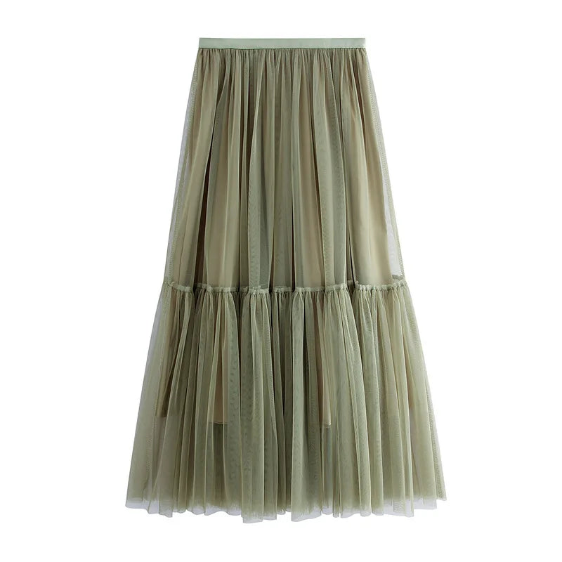New Arrival 2025 Spring Summer Tulle High Waist Elegant Midi Long Skirt For Women Sweet Casual Mesh Tutu Skirts