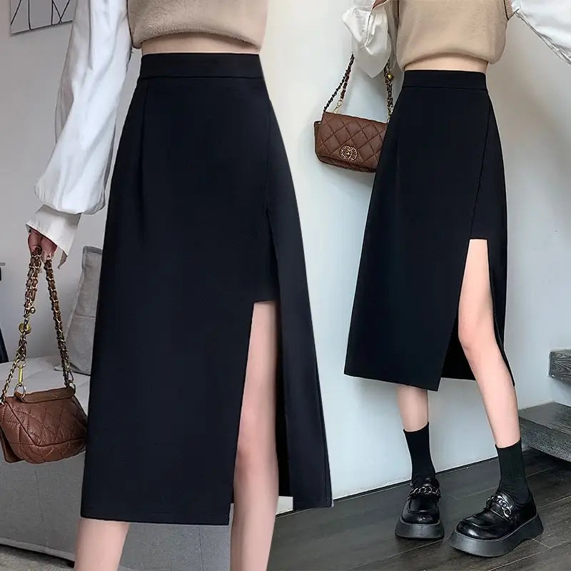 2025 Spring Autumn New Style Black Skirt with High Waist and Hips Comfortable Slim Versatile Mid-length A-line Skirt