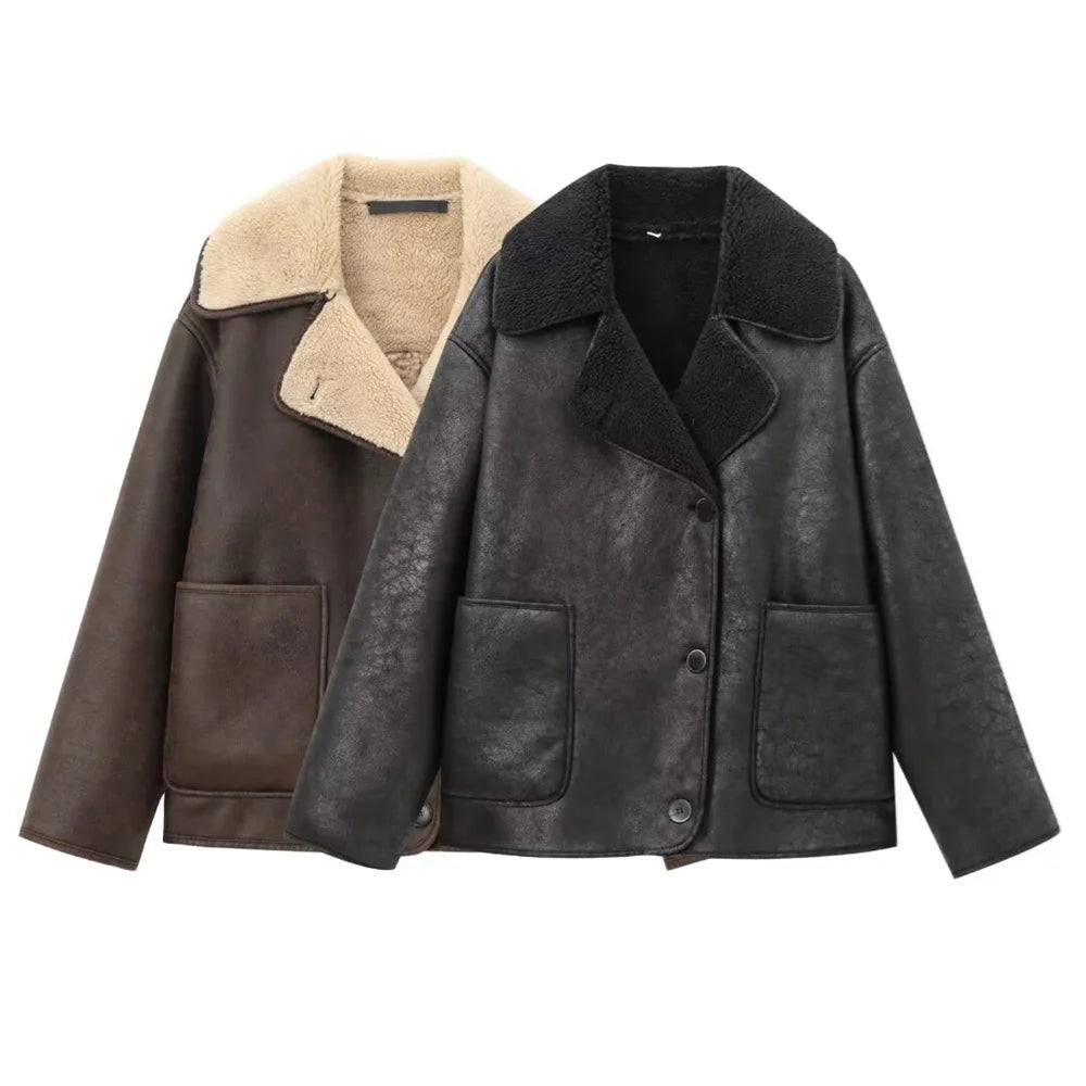 Pocket Decor Single breasted Warm Coat Autumn/Winter Fleece Collar Long Sleeve Women's Jacket Coat