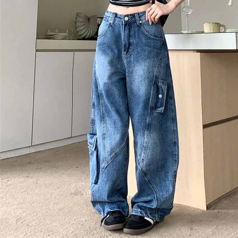 2025 Autumn Women's Y2K Jeans  American Retro Cargo Denim Pants High Waist Curved Hem Wide Leg Utility Style  2743