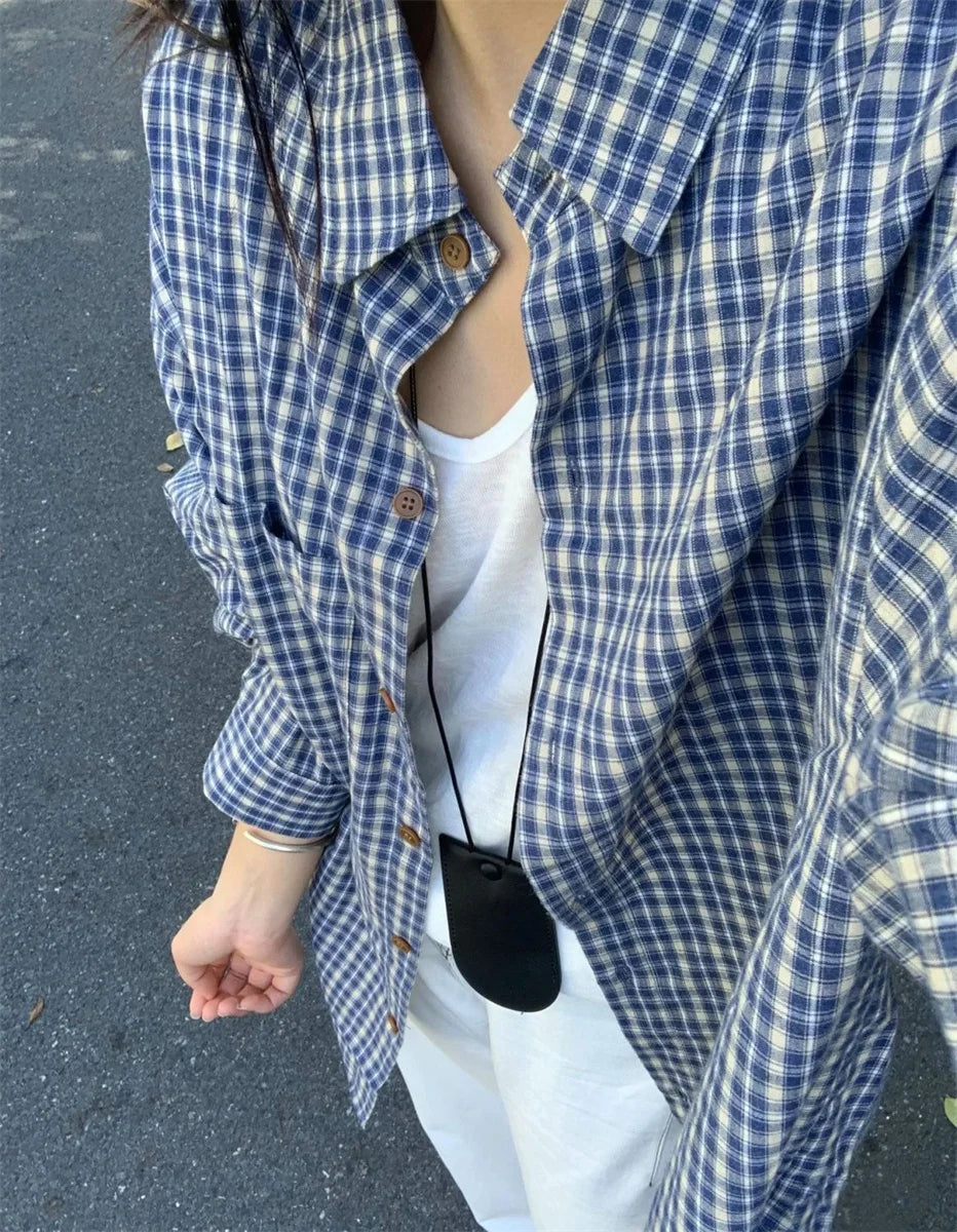 2025 New Blue Plaid Long-sleeved T-shirt Jaket Women Loose Autumn Thin Sun Protection Blouse Top Korean Commute Fashion Clothes